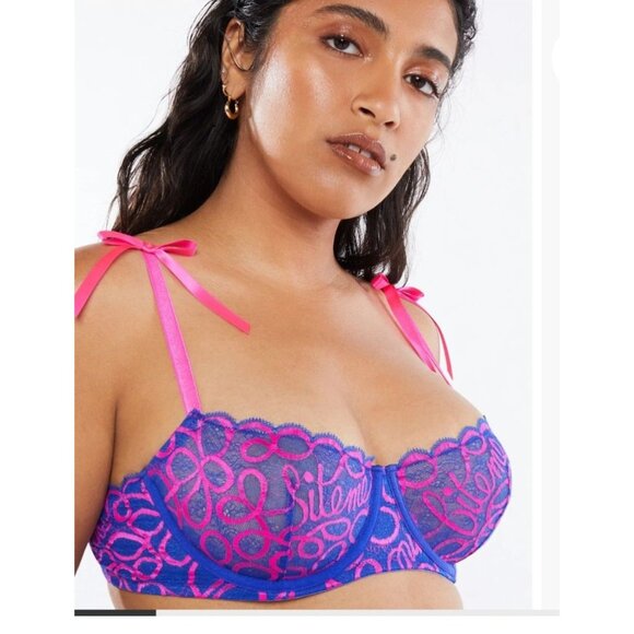 Savage X Fenty Ribbon Writing Unlined Lace Balconette Bra 44D Dreamy Blue Pink - Picture 4 of 8